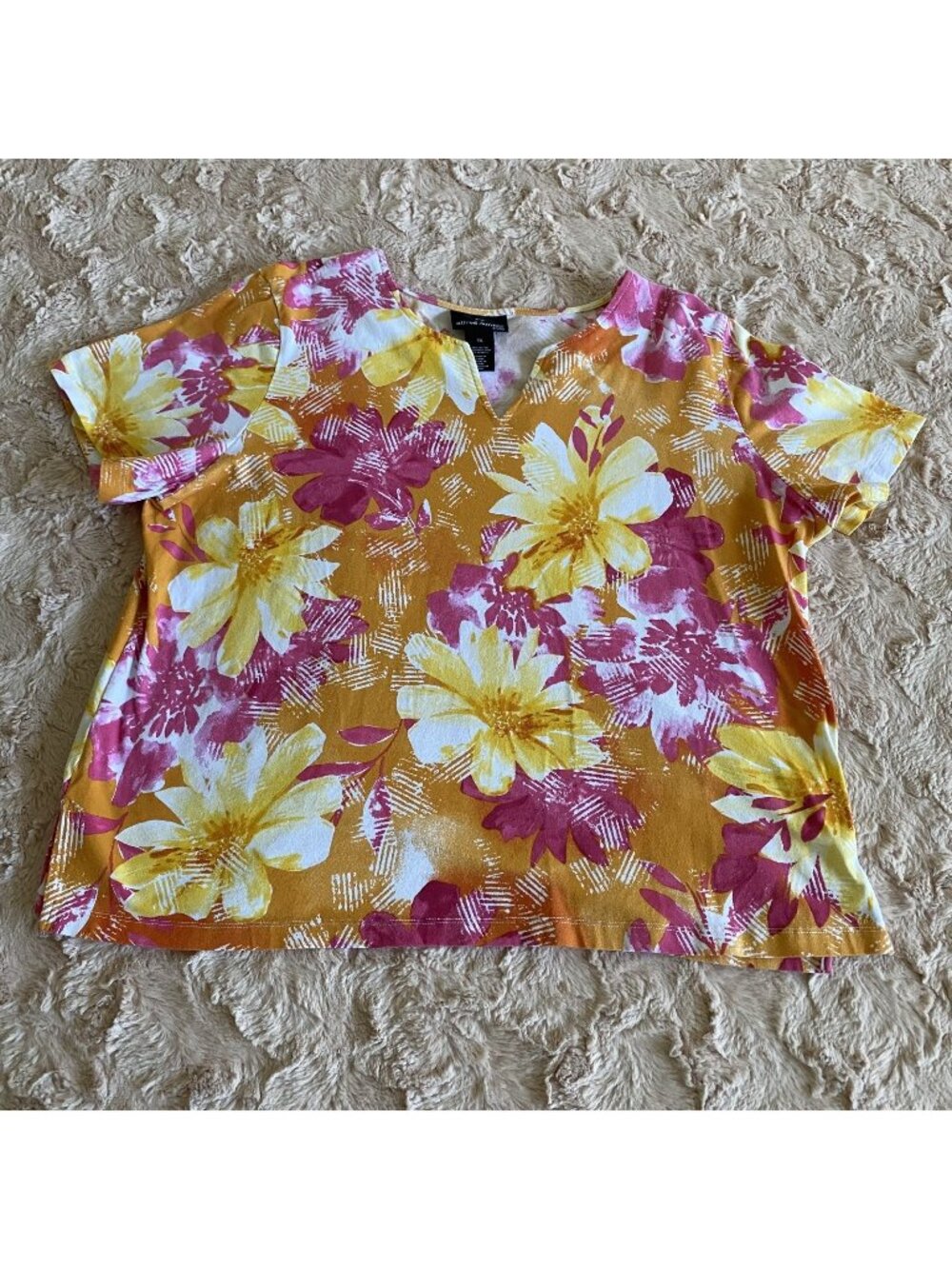 Alfred Dunner Women’s Petite XL Pink Yellow Tropical Floral Summer Top